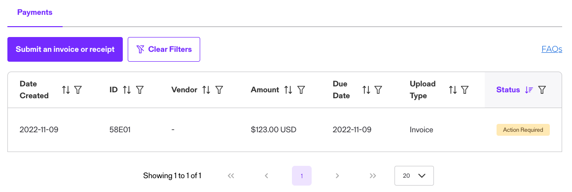 Image of Payments section - Clearco dashboard