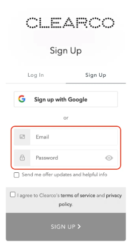 image of Clearco email and password fields during sign up