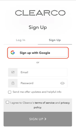 image of Google sign in button on Clearco homepage